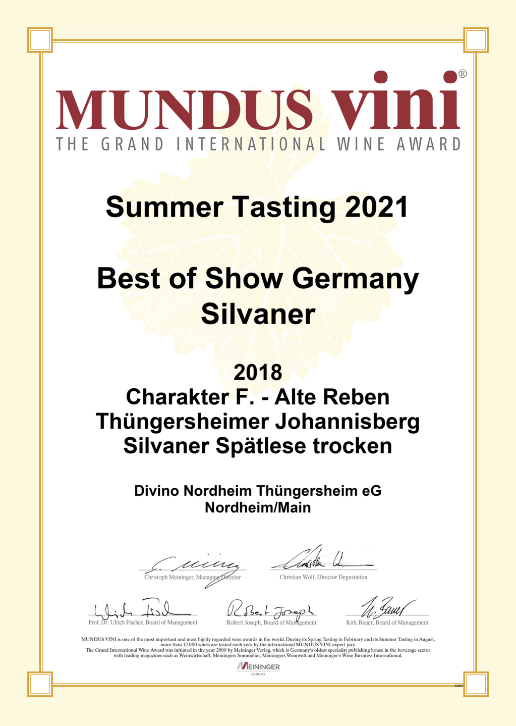 Auszeichnung Best of Show Germany Silvaner beim Mundus Vini Summer Tasting 2021 für Divino.